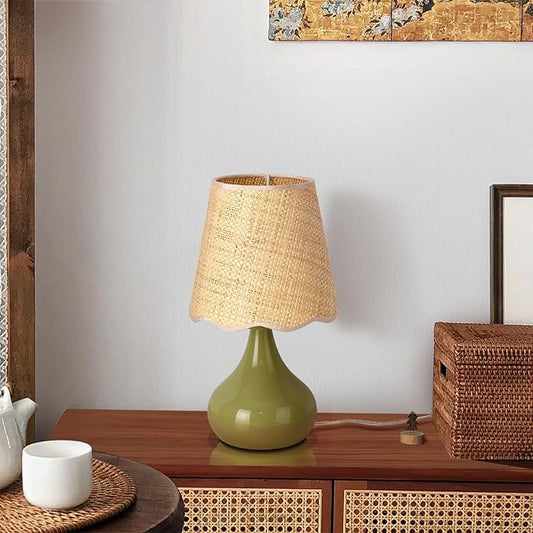 Green Cute Small Boho Table Lamp for Bedroom Bedside, Green Bedroom Lamps for Nightstand, Small Scalloped Rattan Shade Table Lamps for Small Spaces for Bedroom, Home Office, Living Room, Kids Dorm