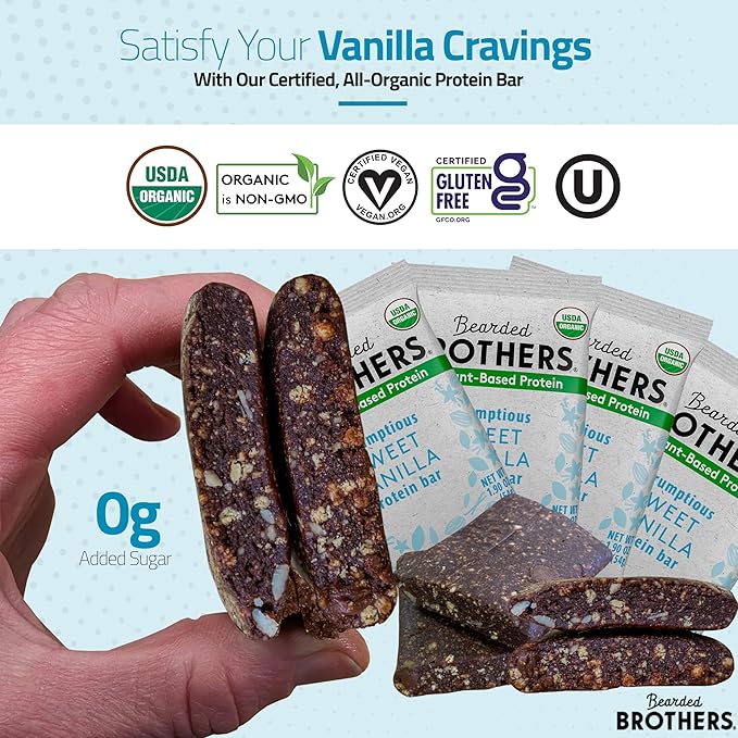Bearded Brothers Organic Protein Bars, Vanilla (10 Pack) - 11g of Plant Based Protein Gluten Free Vegan, Non-GMO Healthy Snacks for Adults Good Source of Fiber