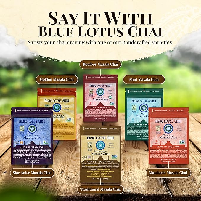Blue Lotus Chai - Traditional Masala Chai - Makes 17 Cups - 0.5 oz Pouch Masala Spiced Chai Powder with Organic Spices - Instant Indian Tea No Steeping - No Gluten