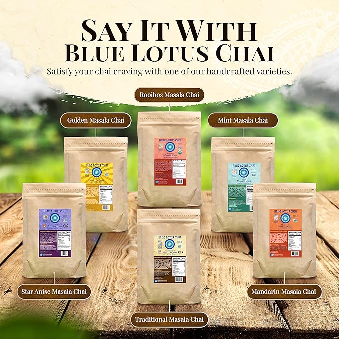 Blue Lotus Chai - Traditional Masala Chai - Makes 530 Cups - 1 Pound Bulk Bag Masala Spiced Chai Powder with Organic Spices - Instant Indian Tea No Steeping - No Gluten