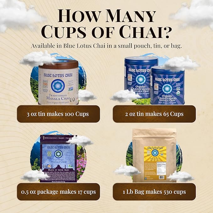 Blue Lotus Chai Tea - Fully Organic Traditional Masala Chai - Makes 65 Cups - 2 Ounce Masala Spiced Chai Powder with Organic Spices - Instant Indian Tea No Steeping - No Gluten