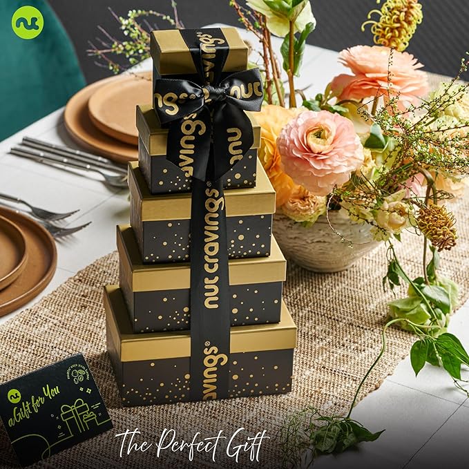 NUT CRAVINGS - Diwali Sweets Hamper Chocolate Covered Pretzels & Caramel Popcorn Gift Basket, in Black Tower + Ribbon (8 Assortments) Food Arrangement Healthy Snack Care Package