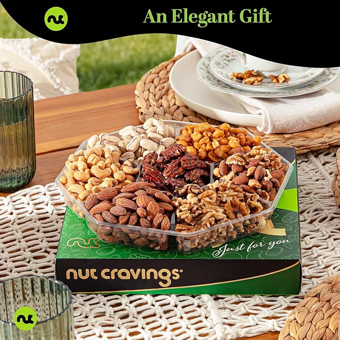 NUT CRAVINGS - Diwali Sweets Hamper Mixed Nuts Gift Basket in Green Gold Box (7 Assortments, 2 LB) Food Arrangement, Healthy Snack Care Package, Food Assortments