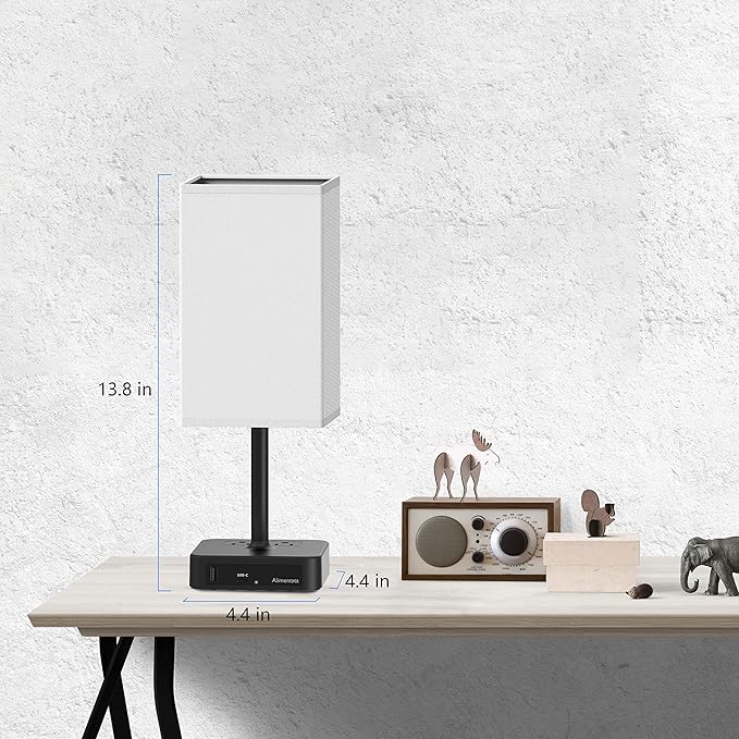 Bedside Table Lamp with Touch Control & USB C+A Charging Ports LED Desk Lamp with 2 AC Outlets, Minimalist Nightstand Light with Black Fabric Shade for Bedroom, Living Room, Office, White