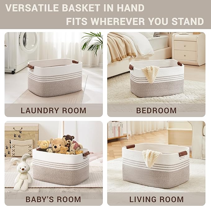 72L Large Laundry Basket with Leather Handles for Living Room Storage, Woven Rope Baskets Bin for Blanket, Kids Toy, Gifts, Wicker Hamper for Bedroom Dirty Clothes, 22"x17"x12" White Brown