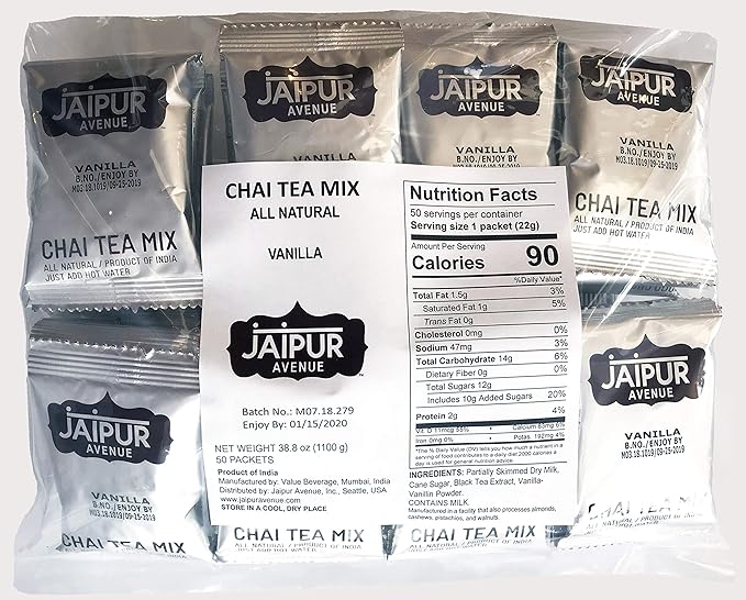 Jaipur Avenue Vanilla Chai Tea Mix Crafted with All-Natural Assam Black Tea, Vanilla, Cane Sugar, and Premium Dry Milk - Preservative-Free, Gluten-Free, Authentic Indian Chai Tea Latte (50-Count Bag)