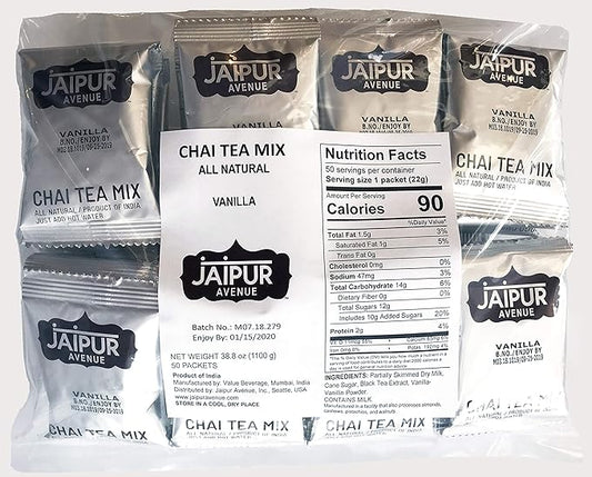 Jaipur Avenue Vanilla Chai Tea Mix Crafted with All-Natural Assam Black Tea, Vanilla, Cane Sugar, and Premium Dry Milk - Preservative-Free, Gluten-Free, Authentic Indian Chai Tea Latte (50-Count Bag)