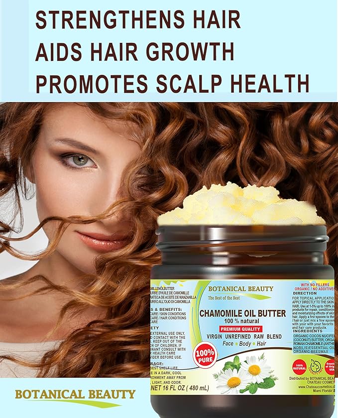 Botanical Beauty CHAMOMILE OIL BUTTER 100% Pure Natural Virgin Unrefined RAW for FACE, SKIN, BODY, DAMAGED HAIR, NAILS. Chamomile Roman Essential Oil and Coconut Oil (8 Fl Oz)