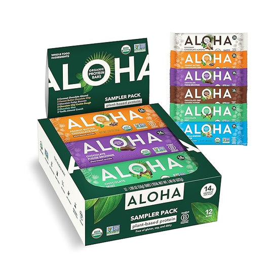 ALOHA Organic Plant Based Protein Bars - 6 Flavor Variety Pack - 12 Count, 1.9oz Bars - Vegan Snacks, Low Sugar, Gluten-Free, Low Carb, Paleo, Non-GMO, Stevia-Free, No Sugar Alcohol Sweeteners