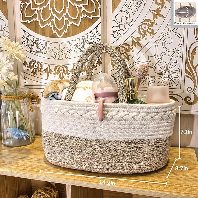 Baby Diaper Caddy Girl Boy Organizer Small Woven Baskets With Handle, Cotton Rope Tote For Shower Nursery, Decorative Small Storage Baskets For Shelves,Unique Gift Baby