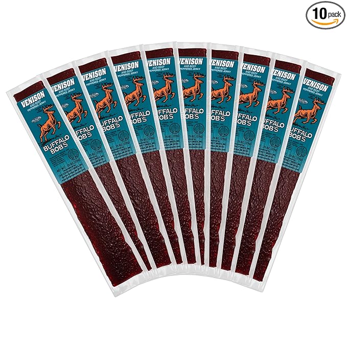 Buffalo Bob's Wild Game Meat Snack - Venison and Beef Peppered Jerky 10 Pack
