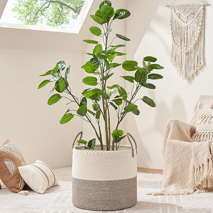 KAKAMAY Large Blanket Basket (18"x18"x16"),Woven Baby Laundry Hamper for Storage, Cotton Rope Blankets Baskets for Nursery, Laundry, Living Room, Pillows, Baby Toy chest with Handles (White/Beige)