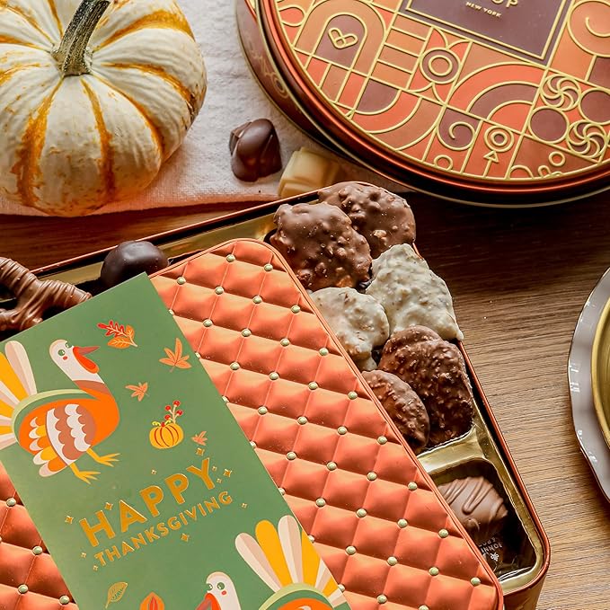 Thanksgiving Chocolate Gift Basket, Assorted Gourmet Dark and White Chocolate Truffles, Holiday Treats in Elegant Gift Box, Bonnie and Pop