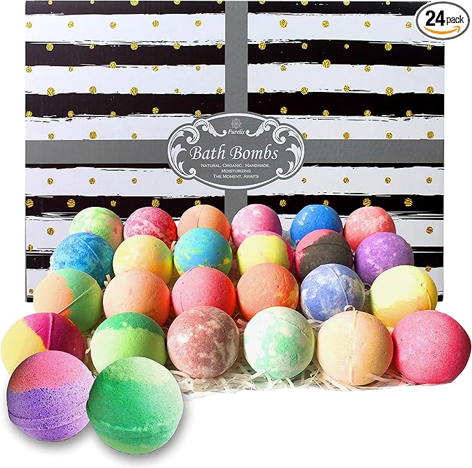 Fathers Day Bath Bomb Gift Set for Men. 24 Luxury Bath Bombs Individually Wrapped Bulk Moisturizing Organic Bath Fizzies for Women, Men Kids! Best Bath Spa Set for Dad & Teens! Gifts for Him