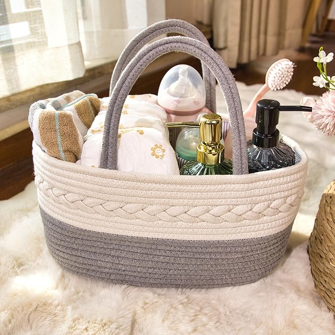 Baby Diaper Caddy Girl Boy Organizer Small Woven Baskets With Handle, Cotton Rope Tote For Shower Nursery, Decorative Small Storage Baskets For Shelves,Unique Gift Baby