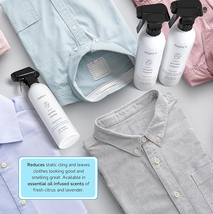 Begley's 3-in-1 Wrinkle Remover, Quick Fix Wrinkle Release, Static Cling Remover, Odor Eliminator and Fabric Refresher Spray - Plant-Derived, USDA Certified Biobased - Fragrance-Free, 3 oz Travel Size