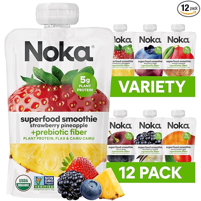 Noka Superfood Smoothie Pouches Variety Pack – Organic Fruit Blends with Plant Protein & Prebiotic Fiber, Wholesome Vegan Snack, 4.22 oz (12 Count)