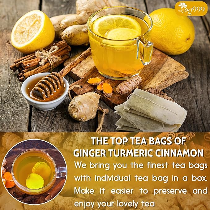 TOG999, Premium 20 Tea Bags Turmeric, Ginger, Cinnamon, 100% Natural, Hand-made Blend of Turmeric, Ginger, and Cinnamon Herbal Tea. Eco-conscious Tea Bags. No Sugar, No Caffeine, No Gluten, Vegan.