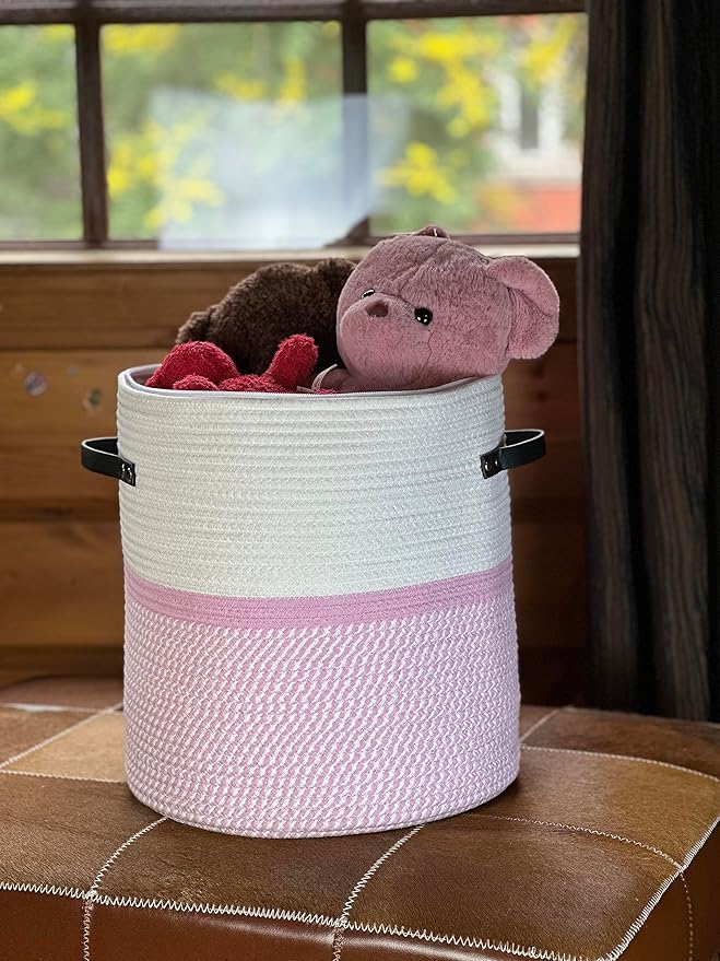 Cotton rope Storage Basket with Zipper cover & Woven baskets with Lid easy to move Multi-Purpose Storage Basket for Living Room, 13 x14 inches(Pink+White)