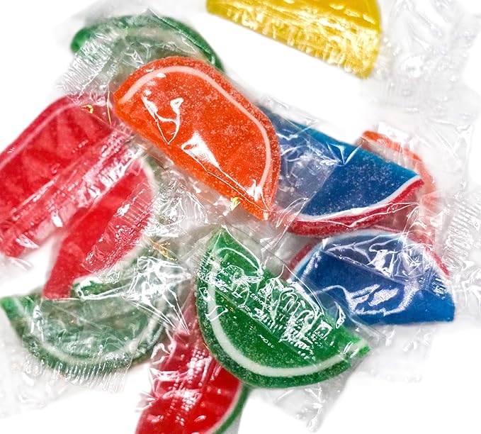 DM Sweets Assorted Wrapped Fruit Gel Slices - 1 lb of Orange Watermelon Cherry Blue Raspberry Lemon Lime Fresh Sugar Sanded Candy, Red
