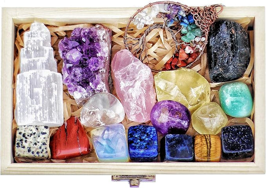 AtPerry's 16 LARGE Natural Healing Crystals Set in Wooden Box - Tumbled, Rough & Raw Crystals, Including Selenite Tower, Black Tourmaline, Amethyst, Rose Quartz, Lapiz Lazuli, Citrine & Tiger's Eye