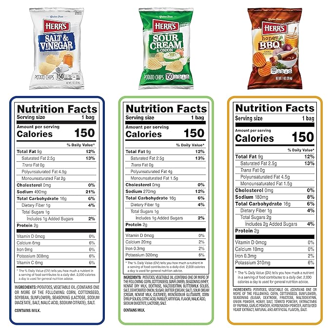 Herr’s Potato Chips, Variety Pack, Gluten Free Snacks, 1oz Bag (36 Count)