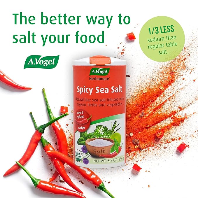 A. Vogel Herbamare Seasoned Spicy Sea Salt - USDA Organic - Seasoning Salt Infused w/ 12 Herbs - 33% Less Sodium - Non-GMO -Gluten Free - Kosher - 8.8 oz