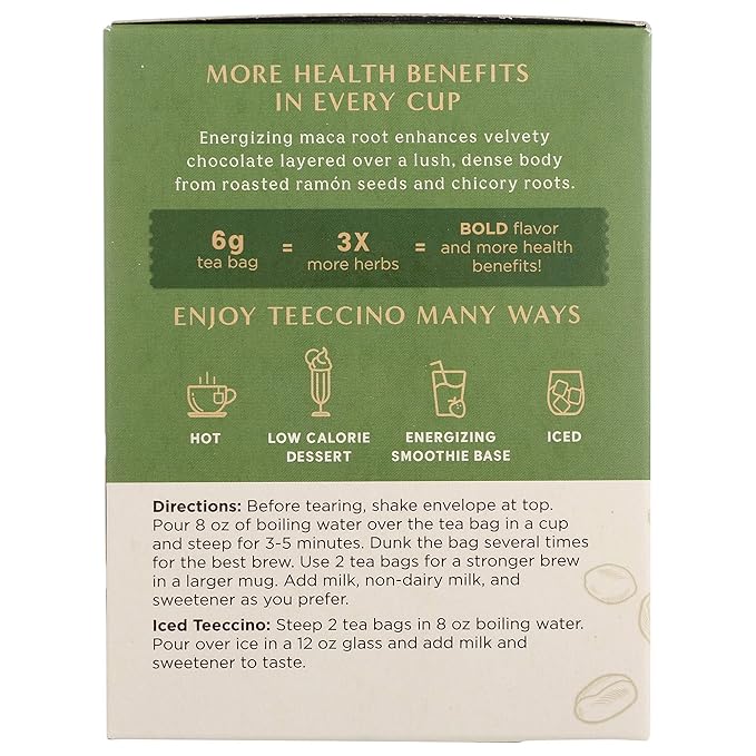 Teeccino Maca Chocolaté Herbal Tea - Rich & Roasted Herbal Tea That’s Caffeine Free & Prebiotic with Natural Energy from Adaptogenic Peruvian Maca, 10 Tea Bags