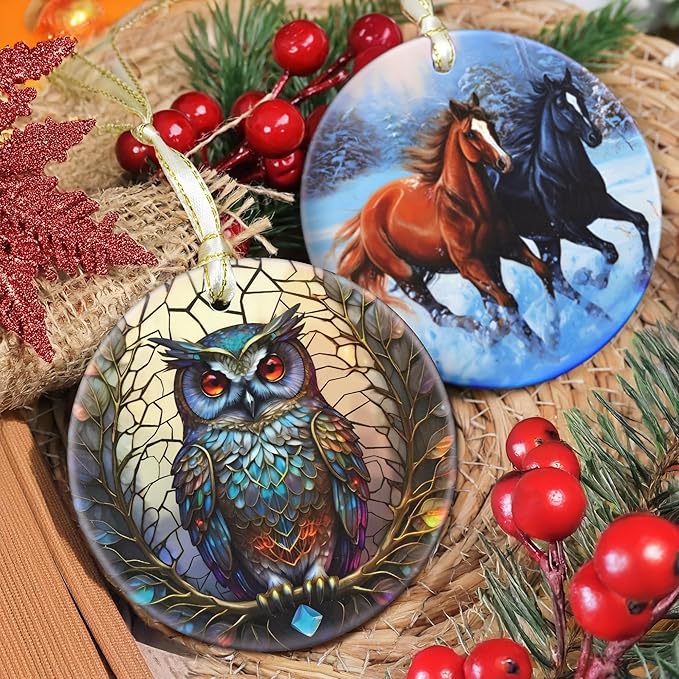 Christmas Ornament - Owl Decor Round Ceramic - Owl Hanging Ornament - Christmas Tree Decor - Owl Ornaments for Christmas Tree - Gifts for Owl Lovers - Owl Themed Gifts