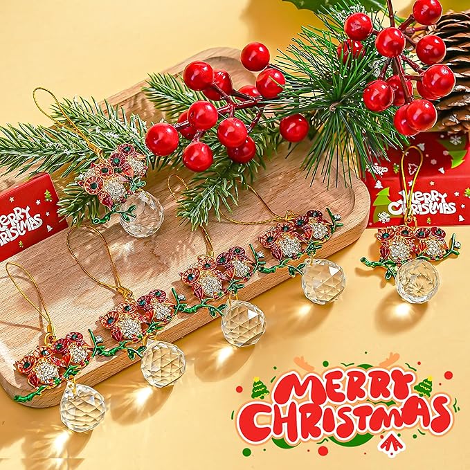 H&D HYALINE & DORA 6 Pack Owl Christmas Ornaments Mini Owl Hanging Crystal Ornament Christmas Decor Bird Ornaments for Xmas Tree Birthday Gift