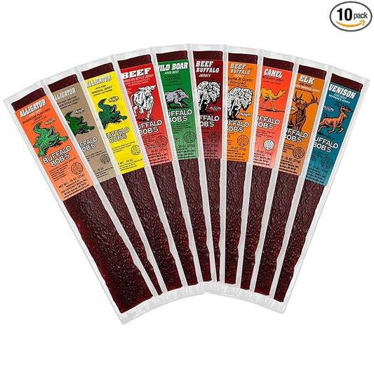 Buffalo Bob's Exotic Jerky (10-Pack), 10 Flavor Variety Pack of Snack Sticks, Wild Game Beef Gifts for Men