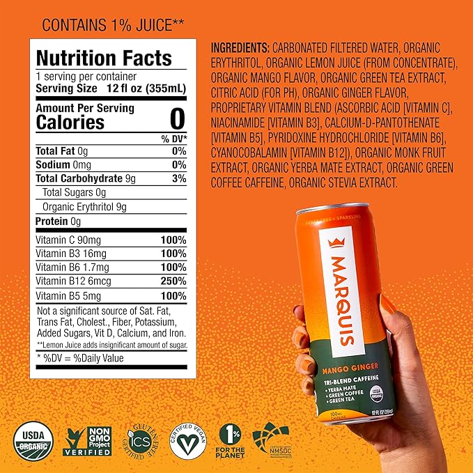 Marquis - Natural Energy Drink - Mango Ginger - Sugar Free - 0 Calories - 100mg of Organic Plant Based Caffeine - Yerba Mate - Green Tea - Vitamin C & B Vitamins - Vegan - 12 oz Cans - 12 Pack