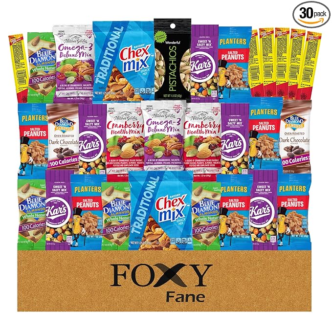 Foxy Fane 30 count Care Package - Premium Holiday, Christmas & New Year Gift Snack Box with Variety of Nuts, Jerky & Snacks - Low Carb, Healthy, High in Protein Treats (Variety Pack of 30 Snacks)