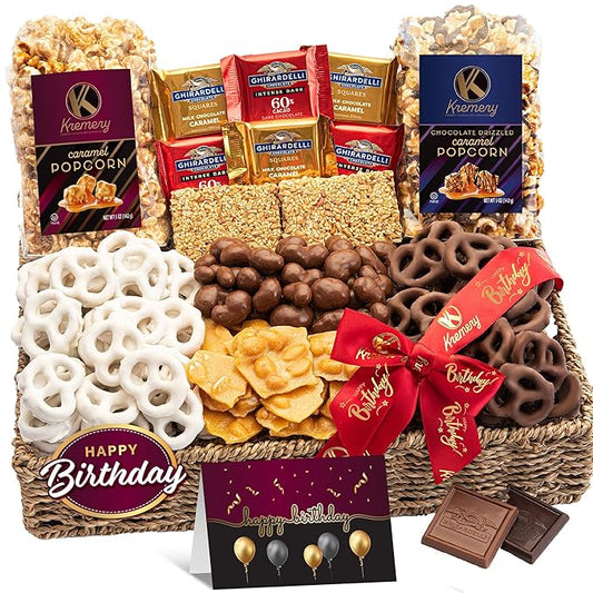 KREMERY Creamy Chocolate Cravings - Happy Birthday Treats, Chocolate Covered Pretzels & Caramel Popcorn Gift Basket, in Seagrass Tray + Ribbon & Greeting Card (Deluxe, 3.5 lbs) Food Assortments
