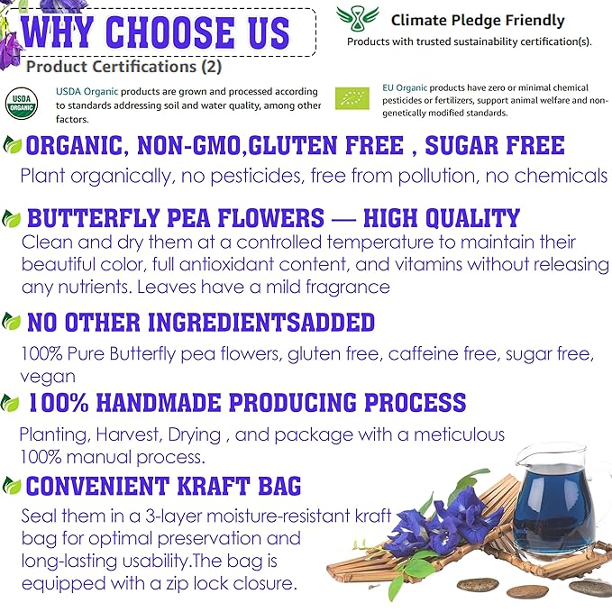 KEYXE - Organic Butterfly Pea Flowers Tea Bags, 100% CERTIFIED Organic and Pure from Butterfly Pea Flower Dried, Herbal Flower Tea for Relaxation, Mocktails, and Natural Food Coloring, Caffeine-Free, Sugar-Free, Non-GMO- ( 30 teabags )