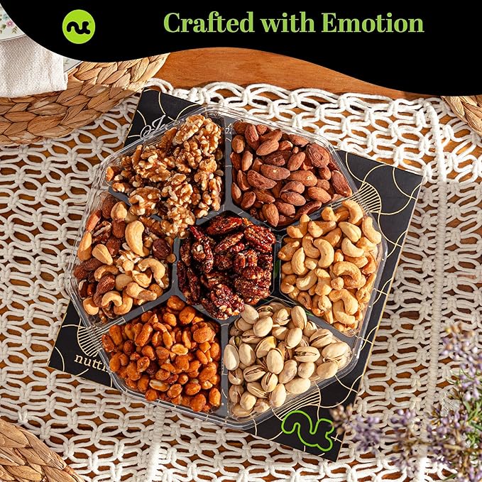 NUT CRAVINGS - Diwali Sweets Hamper Mixed Nuts Gift Basket in Black Gold Box (7 Assortments, 2 LB) Food Arrangement, Healthy Snack Care Package, Food Assortments