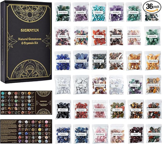 Polished Healing Crystal Chips & Stones Set – 36 Different Natural Gemstone Types, 2.5 lbs of 0.3" Tumbled Decorative Rocks for Chakra, Meditation, Reiki, Energy Work, Crafts, Gifts