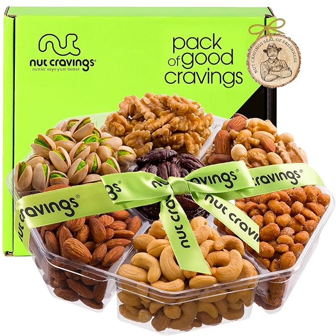 NUT CRAVINGS - Diwali Sweets Hamper Mixed Nuts Gift Basket + Green Ribbon (7 Assortments, 2.2 LB) Food Arrangement, Healthy Snack Care Package, Food Assortments