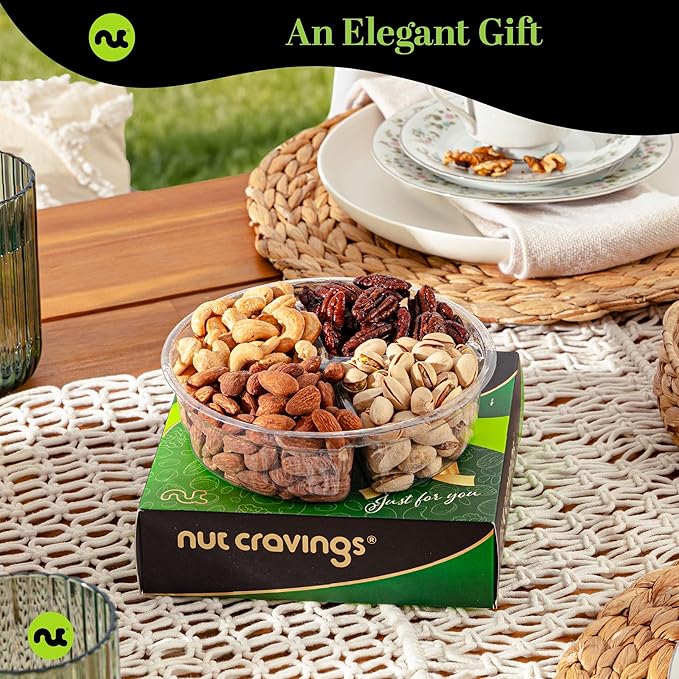 NUT CRAVINGS - Diwali Sweets Hamper Mid-Autumn Festival Mixed Nuts Gift Basket in Green Gold Box (4 Assortments) Food Arrangement, Healthy Snack Care Package, Food Assortments