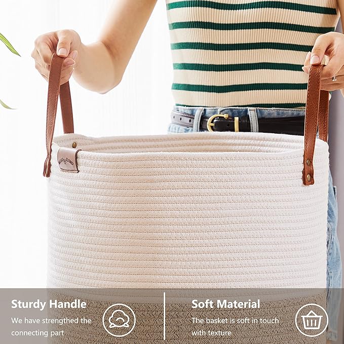 62L Woven Rope Hamper Laundry Basket for Clothes Hamper in Living Room Bedroom Bathroom for Nursery Kids Brown Large Tall