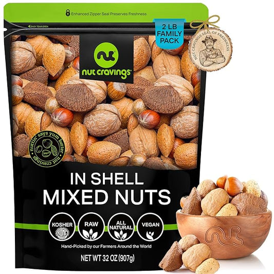 NUT CRAVINGS - Mixed Nuts (In Shell) Brazil, Walnuts, Filberts, Almonds, Pecans (32oz - 2 LB) Packed Fresh in Resealable Bag - Healthy Snack, Food Assortments