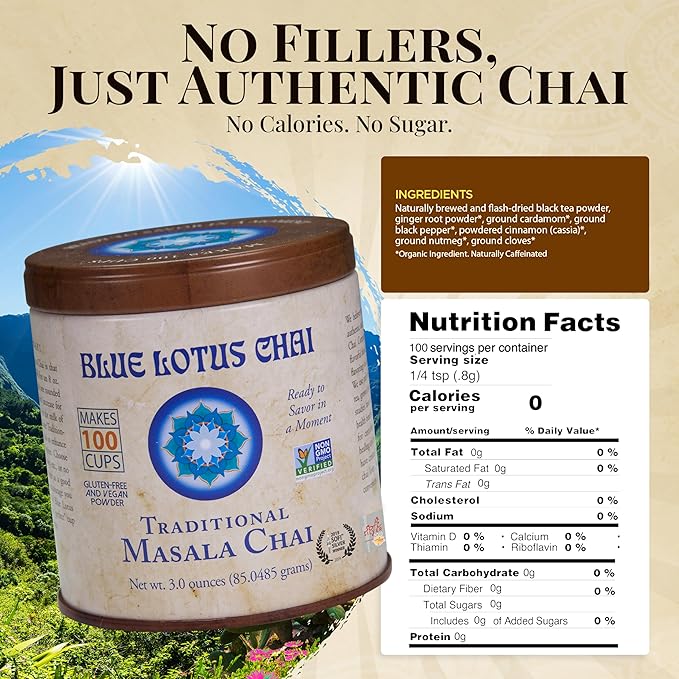 Blue Lotus Chai Tea - Traditional Masala Chai - Makes 100 Cups - 3 Ounce Masala Spiced Chai Powder with Organic Spices - Instant Indian Tea No Steeping - No Gluten