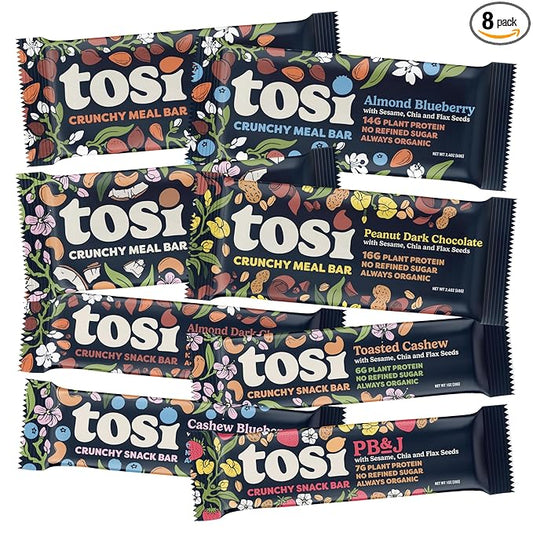 Tosi Variety Pack Protein Bars, Plant Based with Nuts, Gluten-Free Crunchy Snacks, Vegan, Organic, Flax & Chia Seeds, Soy-Free, Omega 3s, 5G-20G Protein, 1 oz and 2.4 oz, 8-Pack