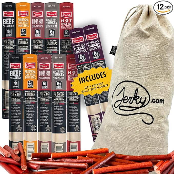 Jerky.com Jerky Gift Basket for Men | 12 Piece Meat Sticks Sampler with Beef Sticks, Pork, Ham, Sriracha, Turkey | High Protein, Low Carb, Keto Friendly Beef Jerky Snack Pack | Birthday Gifts for Men