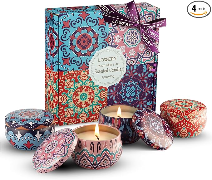 LOVERY 4 Pack Soy Candle Gift Set, Scented Candles, 10% Essential Oil Aromatherapy, 120h Burning, Stress Relief Gifts for Women, Men, Home, Birthday, Mother's Day, Christmas