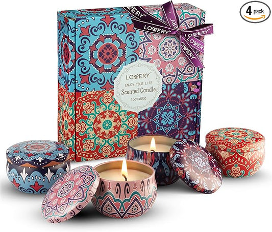 LOVERY 4 Pack Soy Candle Gift Set, Scented Candles, 10% Essential Oil Aromatherapy, 120h Burning, Stress Relief Gifts for Women, Men, Home, Birthday, Mother's Day, Christmas