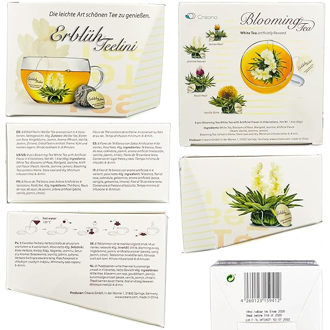 Creano Tea Flowers in Cup Size - Blooming Tea - 8 Flowering Tea in 4 Different Varieties - White Tea
