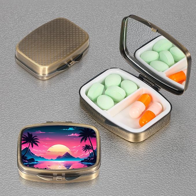 Dynippy Pill Case Pill Box with Mirror Retro Pocket 2 Compartment Medicine Case Vitamin Pill Organizer for Pocket Purse and Travel (Vintage Landscape Pattern)