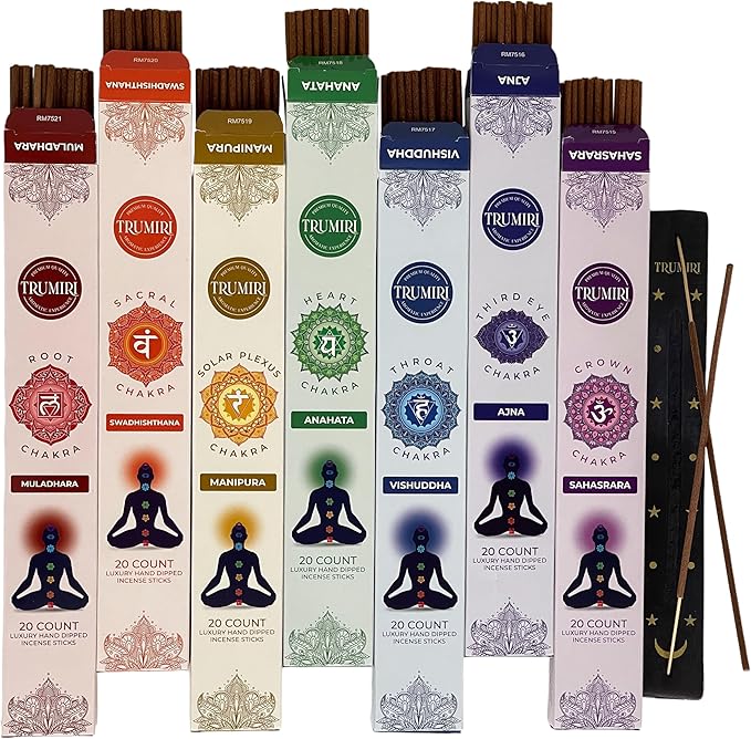 Chakra Incense Sticks - Total 120 Insence-Sticks (20 Insense x 6 Incents) - Incienso Incents-Sticks for 7 Chakra Meditation Muladhara Sacral Manipura Heart Throat Crown Ajna + Incense Holder