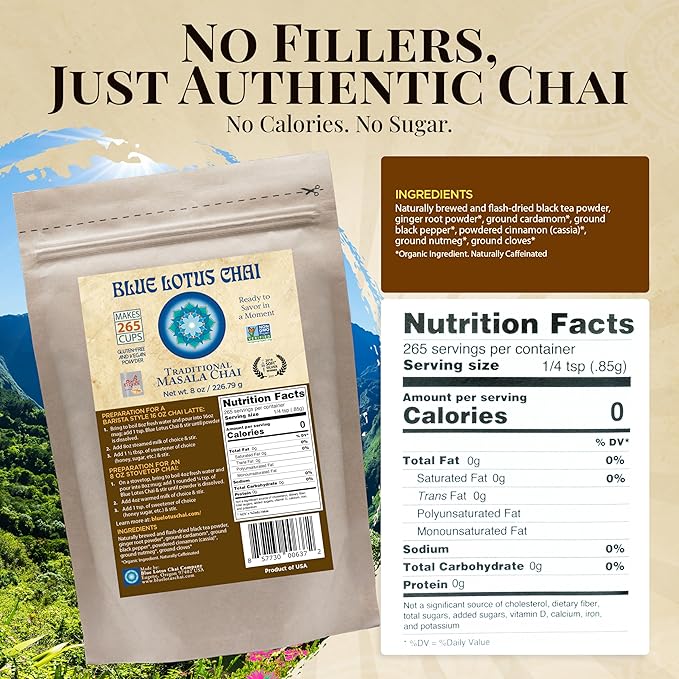 Blue Lotus Chai – Traditional Masala Chai - Makes 265 Cups – Just Add Hot Water, No Steeping, No Gluten - 8 Ounce Masala Spiced Chai Powder with Organic Spices – Authentic Indian Tea